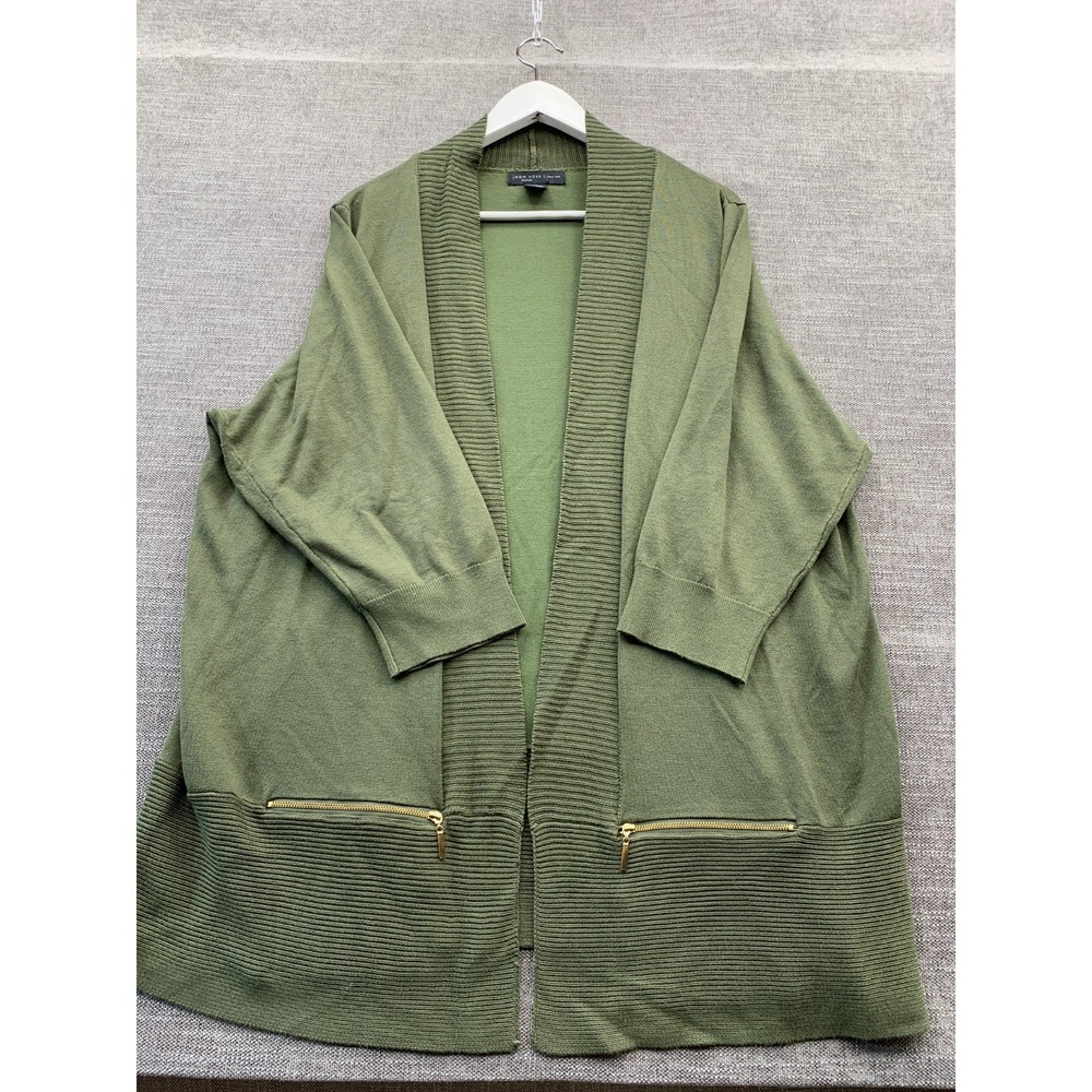 Joan Vass New York Cardigan Sweater Womens 2X Green Rayon Tight Knit Open Front